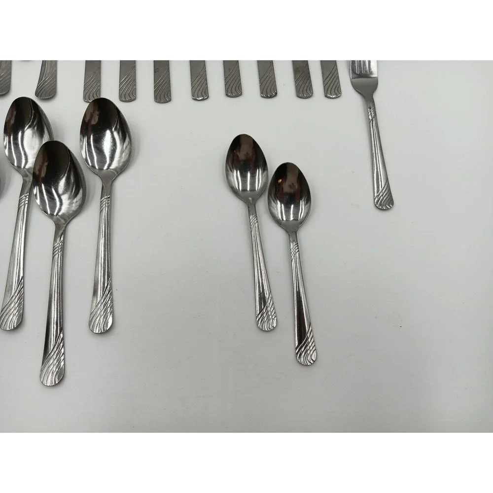 26pc PFF100 Pfaltzgraff Stainless Steel‎ Flatware Swirls Fork Spoon Knife LOT